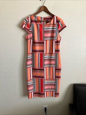 Womens 12 Dress Peach Colorblock Abstract Shift Knee Length Cap Sleeve RM LL